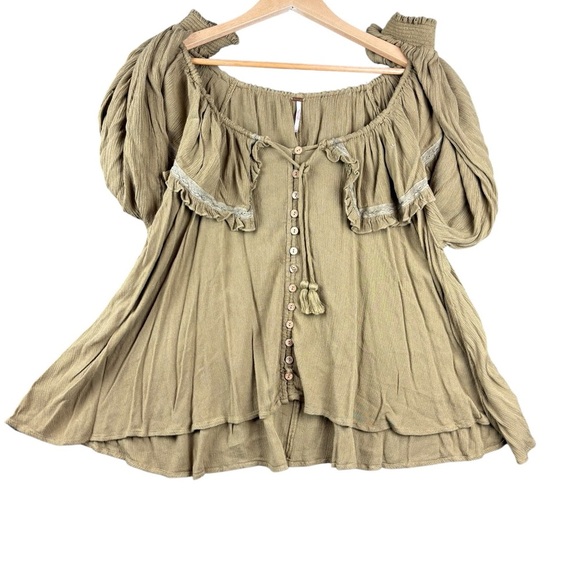 EUC Free People Oversized Olive Button-Front Peasant Blouse Sz S - Picture 2 of 16